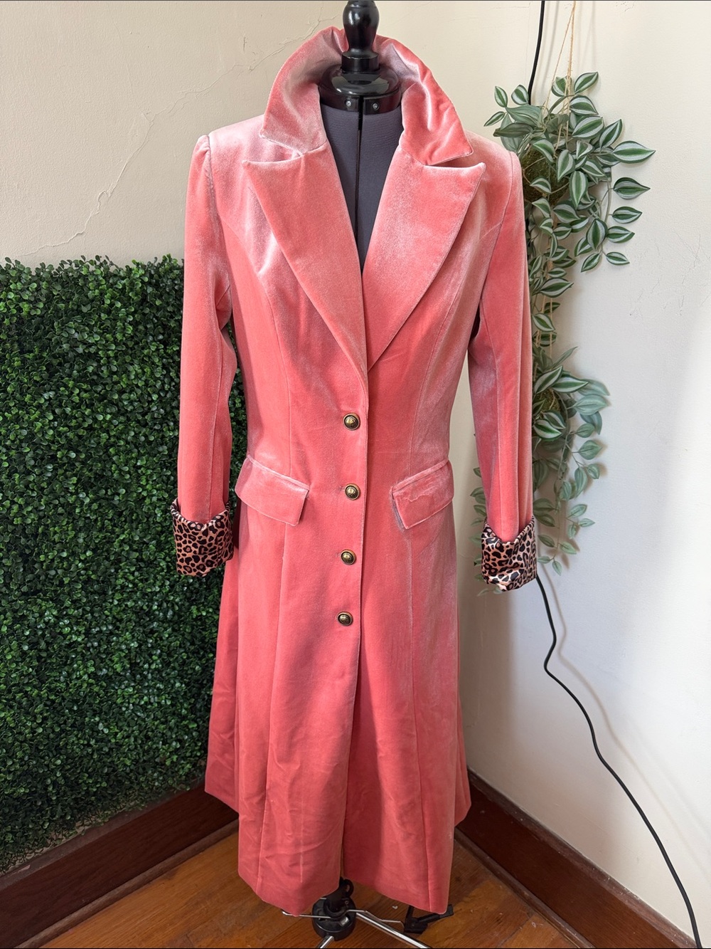 Coral Velvet Long Trench Coat with Leopard Cuff Accents